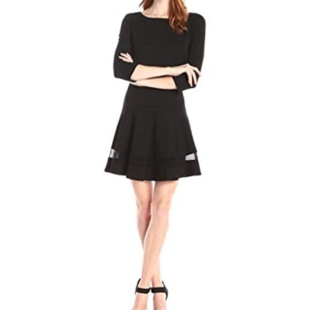 Erin Fetherston Size 2 Black Tess Fit Flare Sheer Ponte Knit Mini Dress LBD